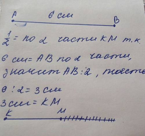 Отрезок ав равен 6 см. отрезок км составляет 1/2 отрезка ав. начерти оба отрезка