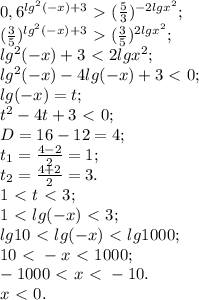 0,6^{lg^2(-x)+3}\ \textgreater \ ( \frac{5}{3} )^{-2lgx^2}; \\ &#10; (\frac{3}{5})^{lg^2(-x)+3}\ \textgreater \ ( \frac{3}{5} )^{2lgx^2}; \\ &#10;lg^2(-x)+3\ \textless \ 2lgx^2; \\ &#10;lg^2(-x)-4lg(-x)+3\ \textless \ 0; \\ &#10;lg(-x)=t; \\ &#10;t^2-4t+3\ \textless \ 0; \\ &#10;D=16-12=4; \\ &#10; t_{1}= \frac{4-2}{2}=1; \\ &#10; t_{2}= \frac{4+2}{2}=3. \\ &#10;1\ \textless \ t\ \textless \ 3; \\ &#10;1\ \textless \ lg(-x)\ \textless \ 3; \\ &#10;lg10\ \textless \ lg(-x)\ \textless \ lg1000; \\ &#10;10\ \textless \ -x\ \textless \ 1000; \\ &#10;-1000\ \textless \ x\ \textless \ -10. \\ &#10;x\ \textless \ 0. \\ &#10;