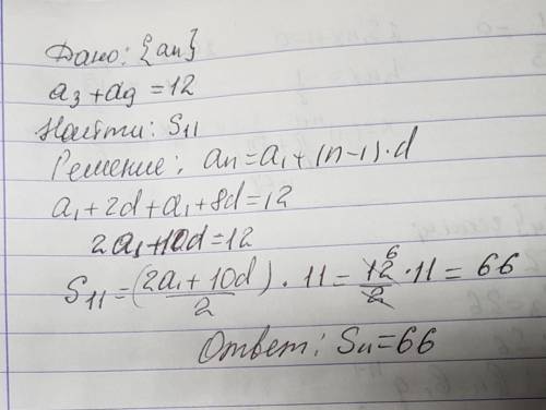 14.если сумма третьего и девятого членов арифметической прогрессии равна 12, то сумма первых 11 член
