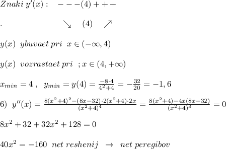 Znaki\; y'(x):\; \; \; ---(4)+++\\\\.\qquad \qquad \qquad \quad \searrow \quad (4)\quad \nearrow \\\\y(x)\; \; ybuvaet\; pri\; \; x\in (-\infty ,4)\\\\y(x)\; \; vozrastaet\; pri\;\ ; x\in (4,+\infty )\\\\x_{min}=4\; ,\; \; y_{min}=y(4)=\frac{-8\cdot 4}{4^2+4}=-\frac{32}{20}=-1,6\\\\6)\; \; y''(x)= \frac{8(x^2+4)^2-(8x-32)\cdot 2(x^2+4)\cdot 2x}{(x^2+4)^4}= \frac{8(x^2+4)-4x(8x-32)}{(x^2+4)^3}=0\\\\8x^2+32+32x^2+128=0\\\\40x^2=-160\; \; net\; reshenij\; \; \to \; \; net\; peregibov