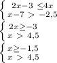 \left \{ {2x-3 \ \leq 4x \atop x-7\ \textgreater \ -2,5} \right. \\ \left \{ {2x \geq -3 \atop {x\ \textgreater \ 4,5}} \right. \\ \left \{ {x \geq -1,5 \atop x\ \textgreater \ 4,5} \right.