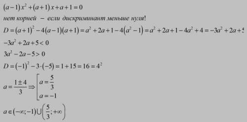 При каких значениях а уравнение (а-1)х^2+(a+1)x+a+1=0 не имеет корней?