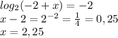 log_2(-2+x)=-2\\x-2=2^{-2}=\frac{1}{4}=0,25\\x=2,25