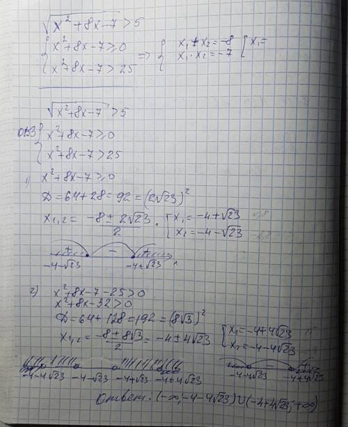 Решить неравенство: x в квадрате +8x-7> 5 и все это под корнем