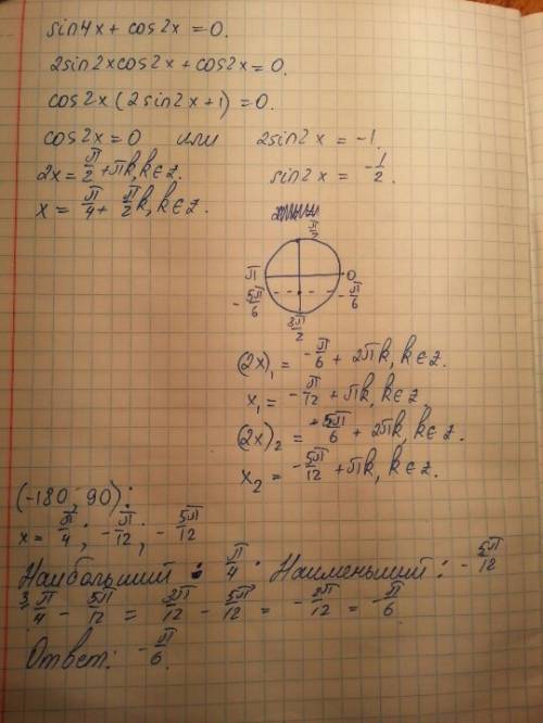 Найдите сумму наибольшего и наименьшего корней уравнения (в градусах) sin4x+cos2x=0 принадлежащих пр
