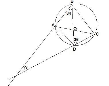 Четырехугольник abcd вписан в окружность,о-точка пересечения его диагоналей, ∠abd=84°,∠bdc=36°. найд