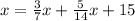 x= \frac{3}{7}x+ \frac{5}{14}x+15