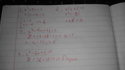 8класс. 1.решите уравнение : x^2+7x=0 a) 7, б)-7, в)-7; 0 г)0; 7. 2.решить уравнение x^2 +25=0 а)нет