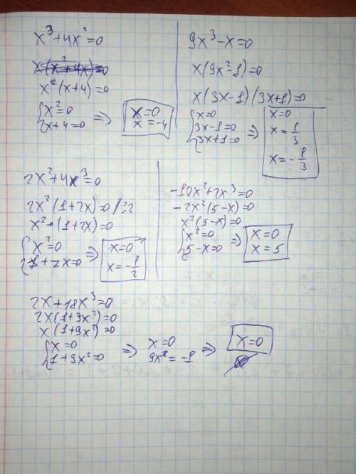 Найдите корни уравнений х^3+4х^2 =0. 9х^3-х=0. 2х^2+4х^3=0. -10х^2+2х^3=0. 2х+18х^3=0