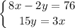 \displaystyle \left \{ {{8x-2y=76} \atop {15y=3x}} \right.