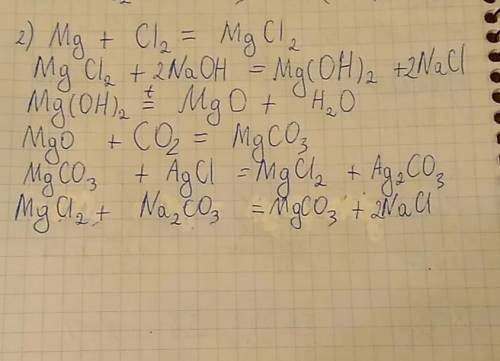 Осуществите превращения 1)mg⇒mgcl2⇒mg(oh)2⇒mgo⇒mgco3⇒mgcl2⇒mgco3