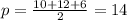 p= \frac{10+12+6}{2} =14