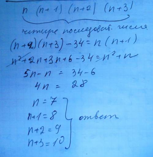 Найдите четыре последовательных натуральных числа таких , что произведение третьего и четвёртого из