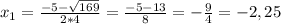 x_1= \frac{-5- \sqrt{169} }{2*4} = \frac{-5- 13 }{8} = - \frac{9 }{4}=-2,25