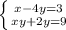 \left \{ {{x-4y=3} \atop {xy+2y=9}} \right.