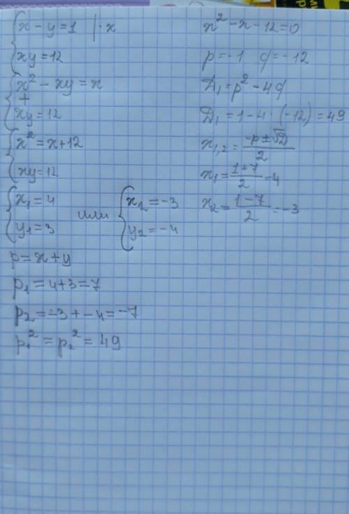 Найдите p^2 если разность корней уравнения х^2+px+12=0 равна 1