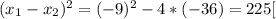 (x_1-x_2)^2=(-9)^2-4*(-36)=225[