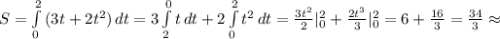 S= \int\limits^2_0 {(3t+2t^2)} \, dt= 3\int\limits^0_2t\, dt+2\int\limits^2_0 {t^2}\, dt= \frac{3t^2}{2}|^2 _0+\frac{2t^3}{3}|^2 _0=6+\frac{16}{3}=\frac{34}{3}\approx