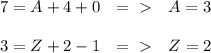 7=A+4+0 \ \ =\ \textgreater \ \ \ A=3 \\ \\ 3=Z+2-1 \ \ =\ \textgreater \ \ \ Z=2 \\ \\