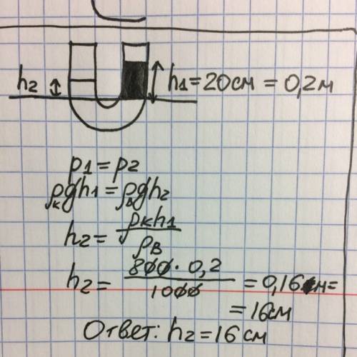 Всообщающиеся сосуды налили воду и керосин. высота столба керосина 20см. найти высоту водного столба