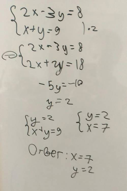 Решить, систему уравнений 2x-3y=8 x+y=9