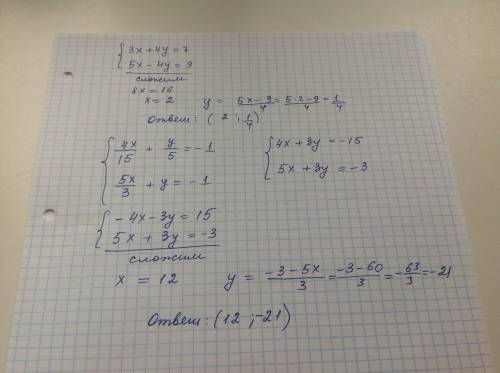 Решите системы уравнений сложения: а)3x+4y=7, 5x-4y=9; б)4х/15+у/5=-1, 5х/3+у=-1.