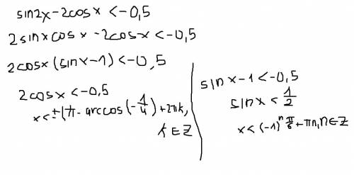 Sin2x-2cosx< -0,5 решить с объяснением