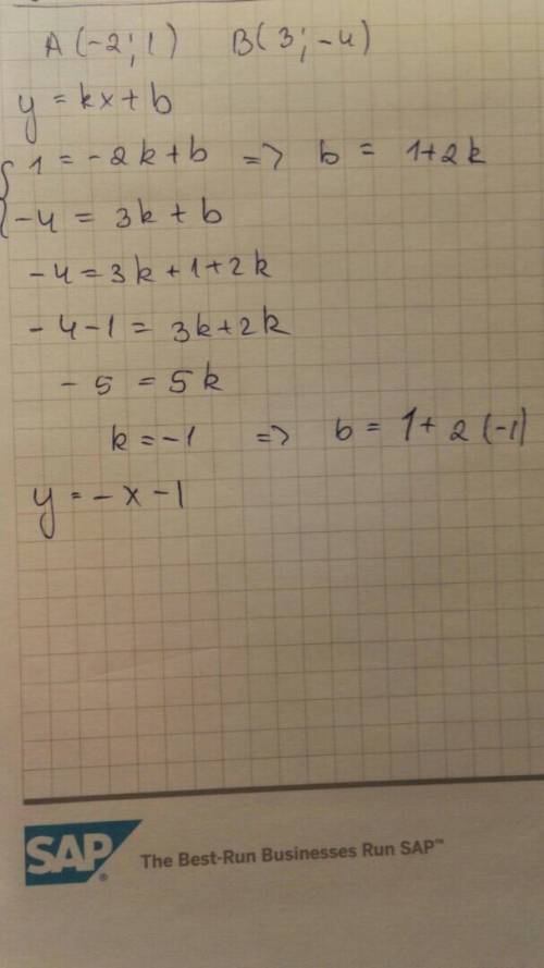 Прямая y=kx+b проходит через точки a(-2; 1)b(3; -4) ,запишите уравнение этой прямой