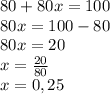 80 + 80x = 100 \\ &#10;80x = 100 - 80 \\ &#10;80x = 20 \\ &#10;x = \frac{20}{80} \\ &#10;x = 0,25 \\