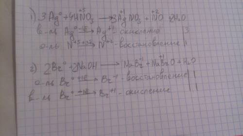 Расставить коэффициенты методом электронного : 1) ag+ hno3 → agno3+ no+ h2o 2) br+ naoh → nabr+ nabr