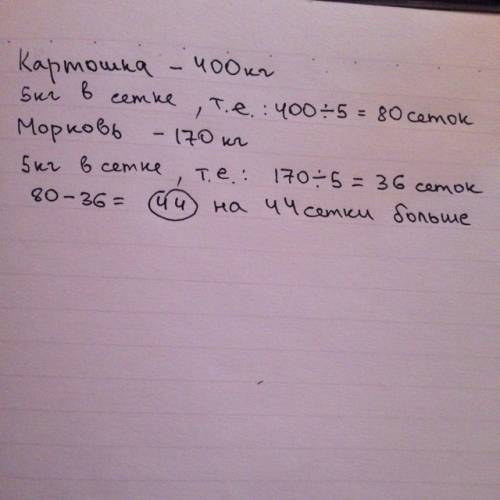 400 кг картофеля расфасовали в сетки,по 5 кг в каждую,и 170 кг моркови расфасовали в такие же сетки.