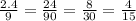 \frac{2.4}{9} = \frac{24}{90} = \frac{8}{30} = \frac{4}{15}