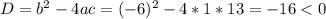 D=b^2-4ac=(-6)^2-4*1*13=-16