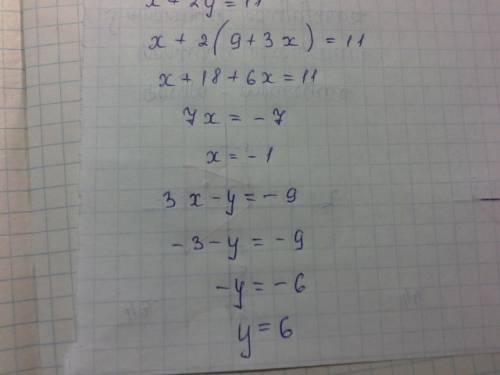 Решите систему уравнений: 3x-y=-9 { x+2y=11