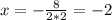 x=-\frac{8}{2*2}=-2