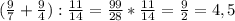 ( \frac{9}{7} + \frac{9}{4} ) : \frac{11}{14} = \frac{99}{28} * \frac{11}{14} = \frac{9}{2} =4,5