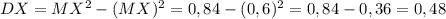 DX=MX^{2}-(MX)^{2}=0,84-(0,6)^{2}=0,84-0,36=0,48