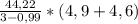 \frac{44,22}{3-0,99} *(4,9+4,6)