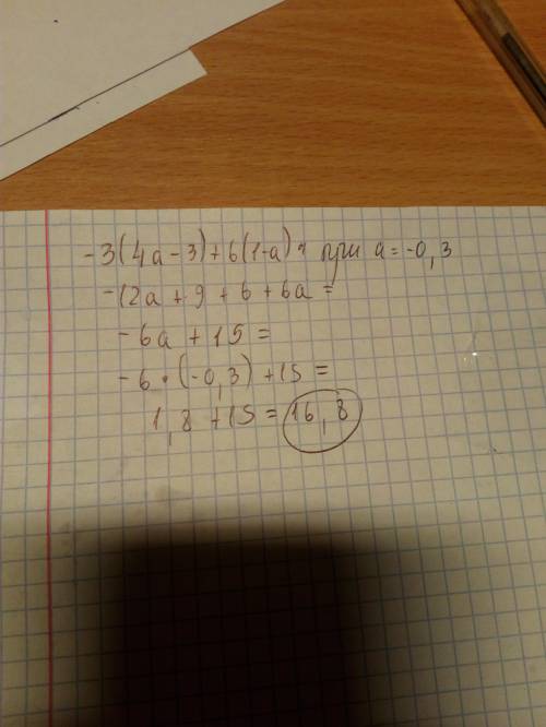 Решить,подробно -3(4а-3)+6(1-а)= при а =-0,3