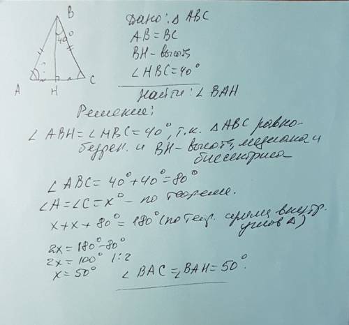 Найдите угол bah, если в равнобедренном треугольнике abc проведена высота bh и угол hbc равен 40