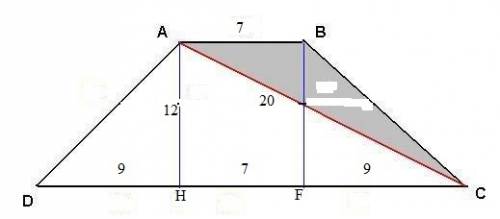 Диагональ равнобокой трапеции равно 20 см основания 7 см и 25 см найдите площадь трапеции