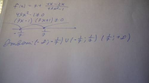 Найдите область определения функции: f(x)=7+(4x-2x)/(49х в квадрате - 1)