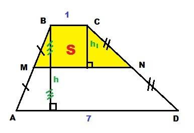 Втрапеции abcd известно, что ad = 7, bc = 1, а её площадь равна 64. найдите площадь трапеции bcnm, г