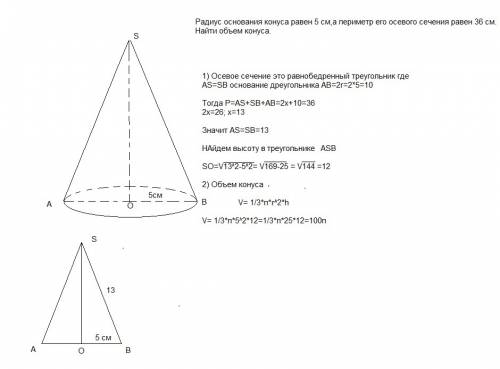 Радиус основания конуса равен 5 см,а периметр его осевого сечения равен 36 см. найти объем конуса.