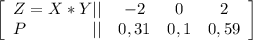 \left[\begin{array}{cccc}Z=X*Y||&-2&0&2\\P\ \ \ \ \ \ \ \ \ \ \ \ ||&0,31&0,1&0,59\end{array}\right]