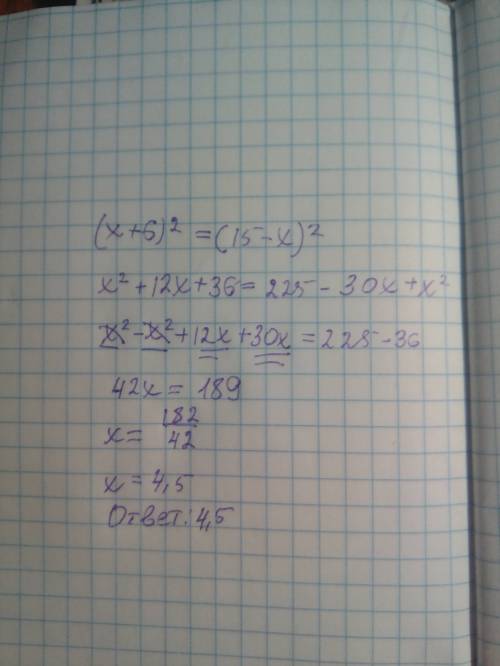 Найдите корень уровнений (x+6)²= (15-x)²