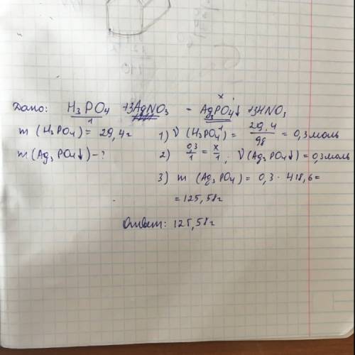 Вычислите массу выпавшего осадка при взаимодействии 29.4 граммов фосфорной кислоты с нитратом серебр