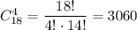 C_{18}^4= \dfrac{18!}{4!\cdot 14!} =3060