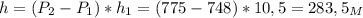 h=(P_2-P_1)*h_1=(775-748)*10,5=283,5_M