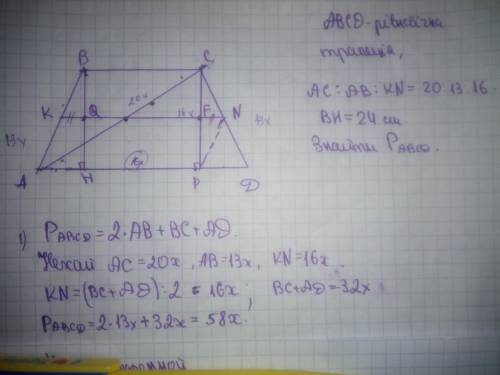 Діагональ, бічна сторона і середня лінія рівнобічної трапеції відносяться, як 20: 13: 16. обчисліть